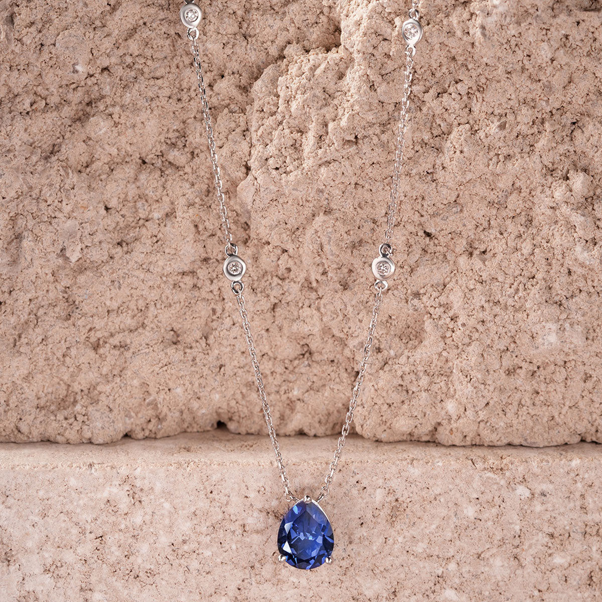 Astra 3.20ct Lab Sapphire and Diamond Solitaire Pear Cut Necklace in Silver